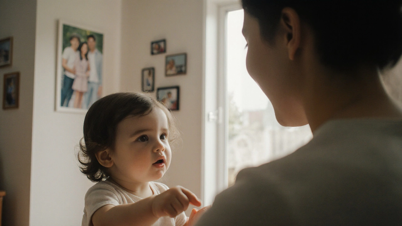 Ребёнок говорит «хочу» и протягивает руку к родителю с выражением надежды.