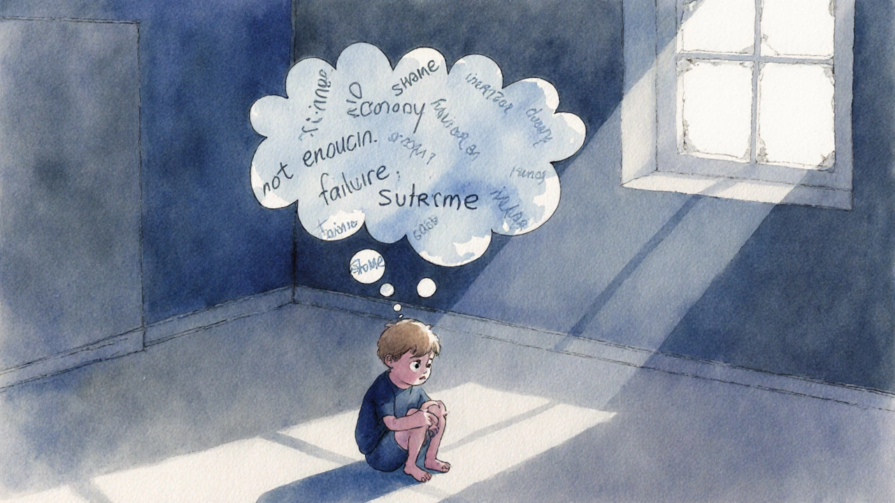 Ребёнок один в темной комнате, окружённый тревожными мыслями.