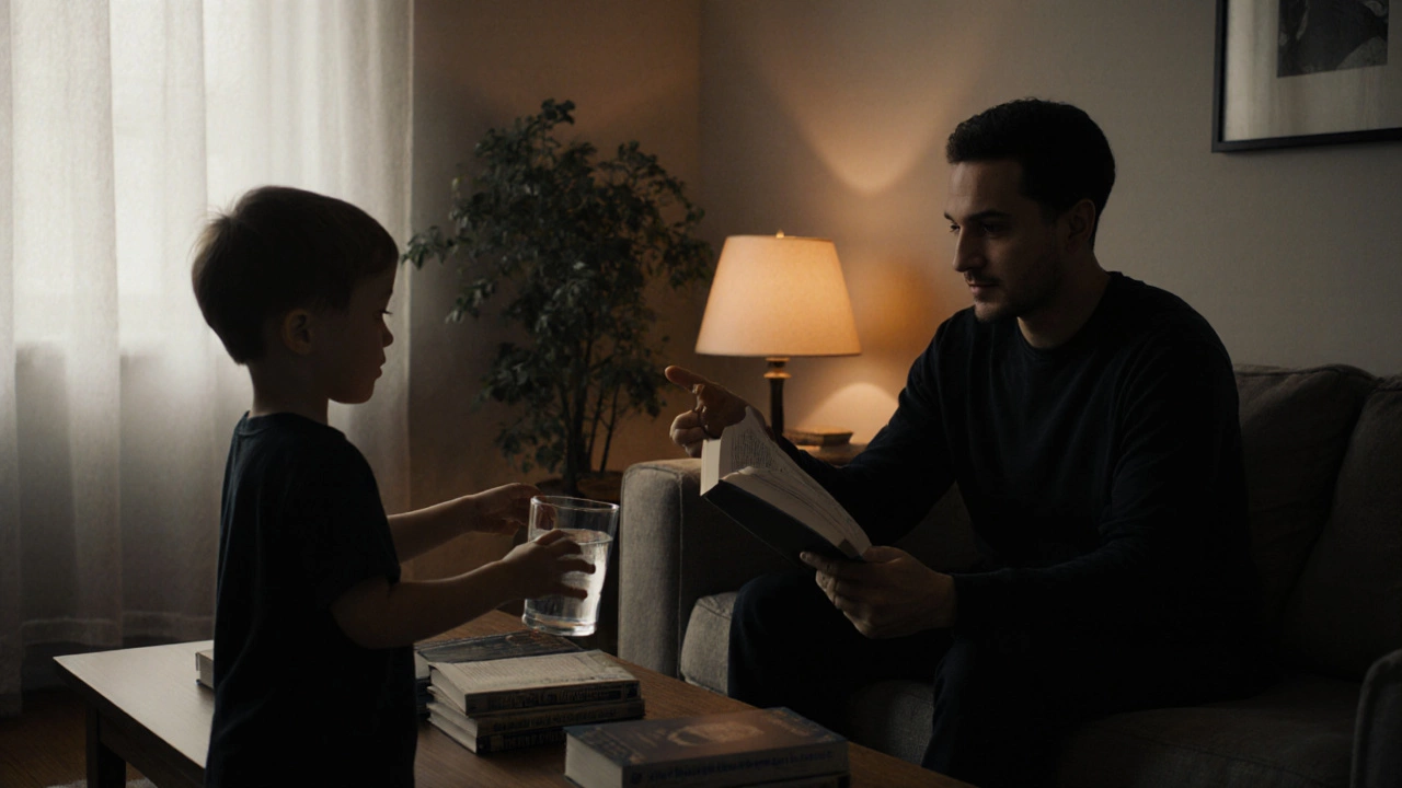 Ребёнок приносит стакан воды, родитель смотрит с тихой благодарностью.