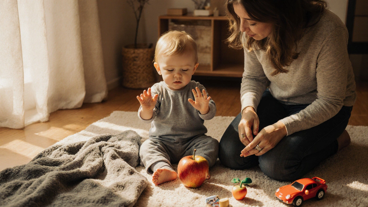Ребёнок сидит среди повседневных предметов, родитель называет их, используя жесты.