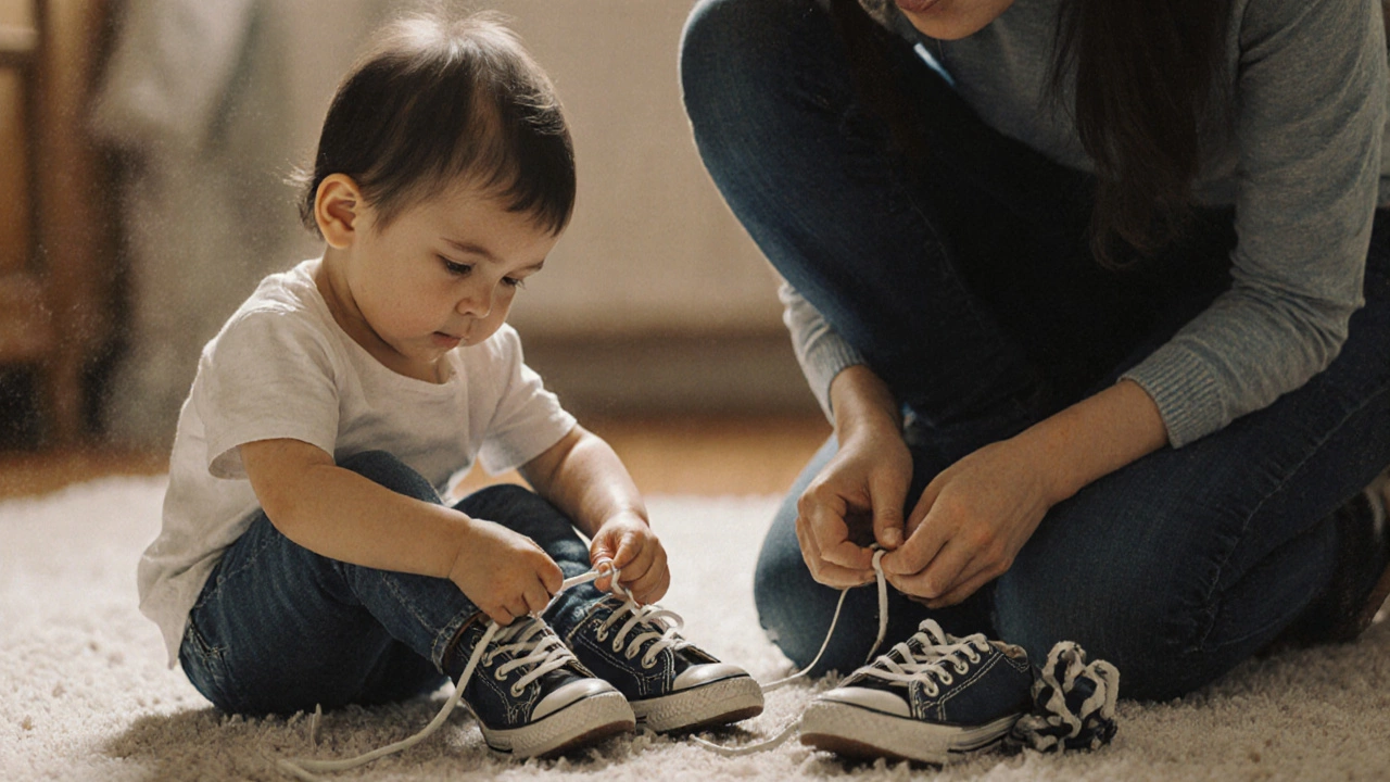 Ребёнок упорно пытается завязать шнурки, родитель рядом с пониманием.