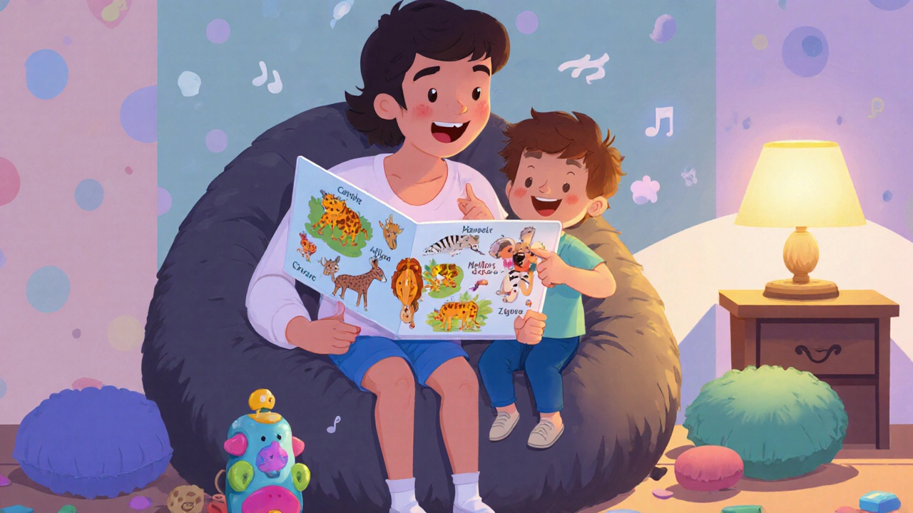 Родитель читает книгу, ребёнок повторяет названия животных, играя перед сном.