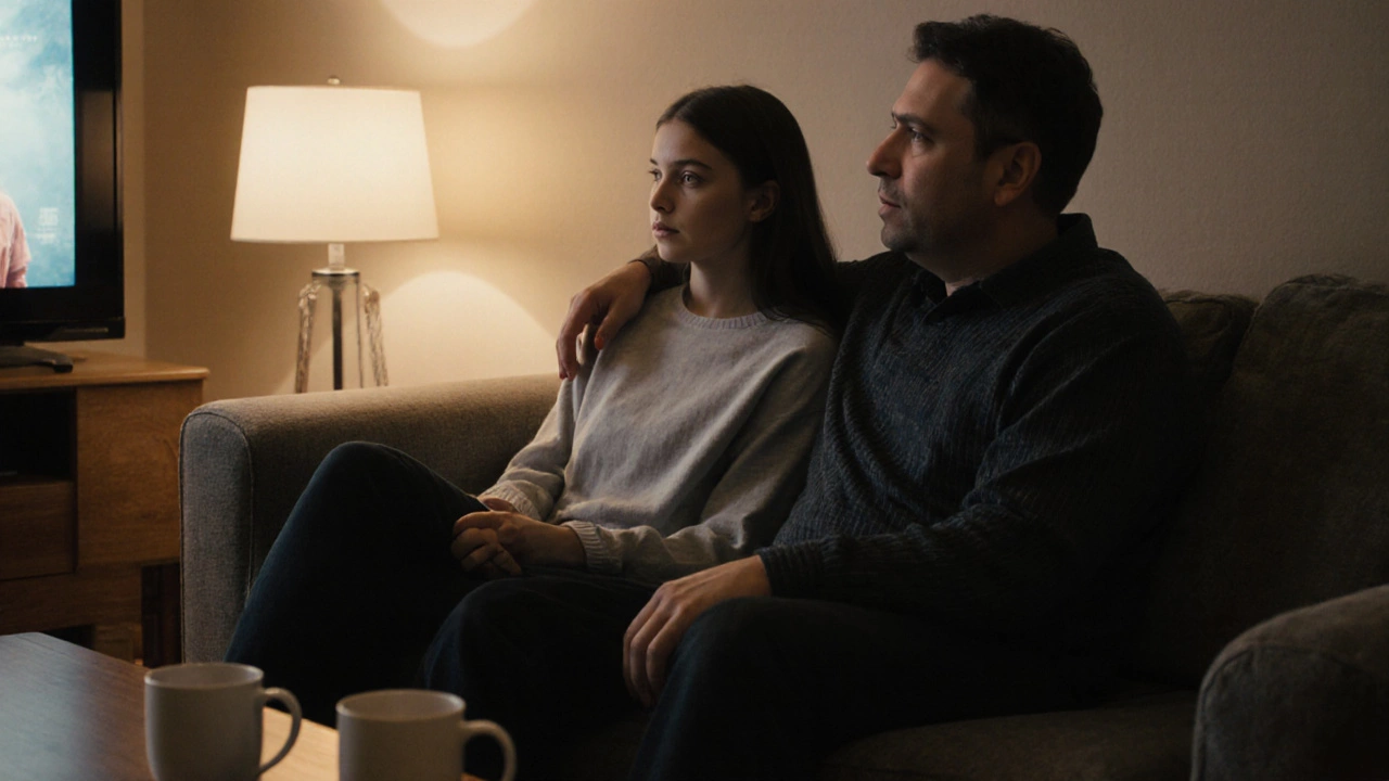 Родитель и подросток молча смотрят фильм на диване, свет от телевизора, тишина между ними.