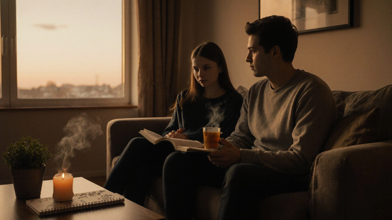 Родитель и подросток в уютной комнате, обсуждают чувства за чашкой чая.