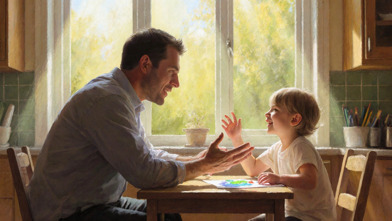 Родитель и ребенок дружелюбно разговаривают на светлой кухне.