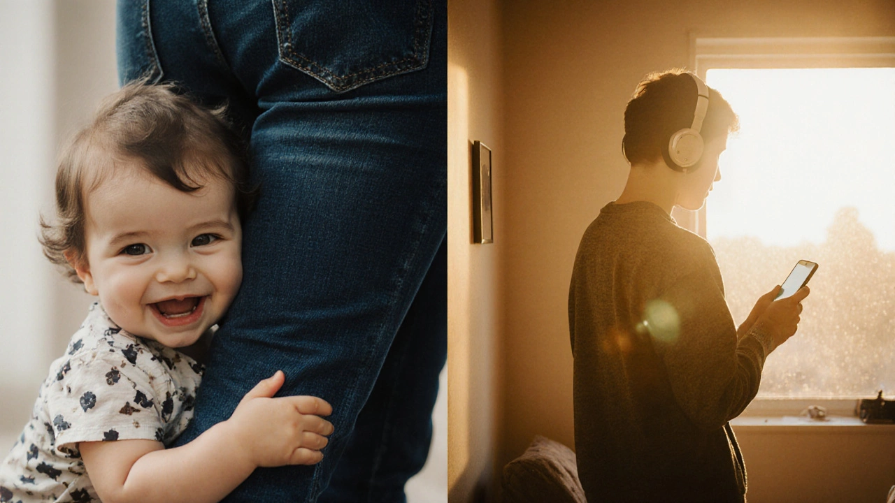 Сравнение: маленький ребенок обнимает родителя и подросток смотрит в сторону, одинаковый свет.