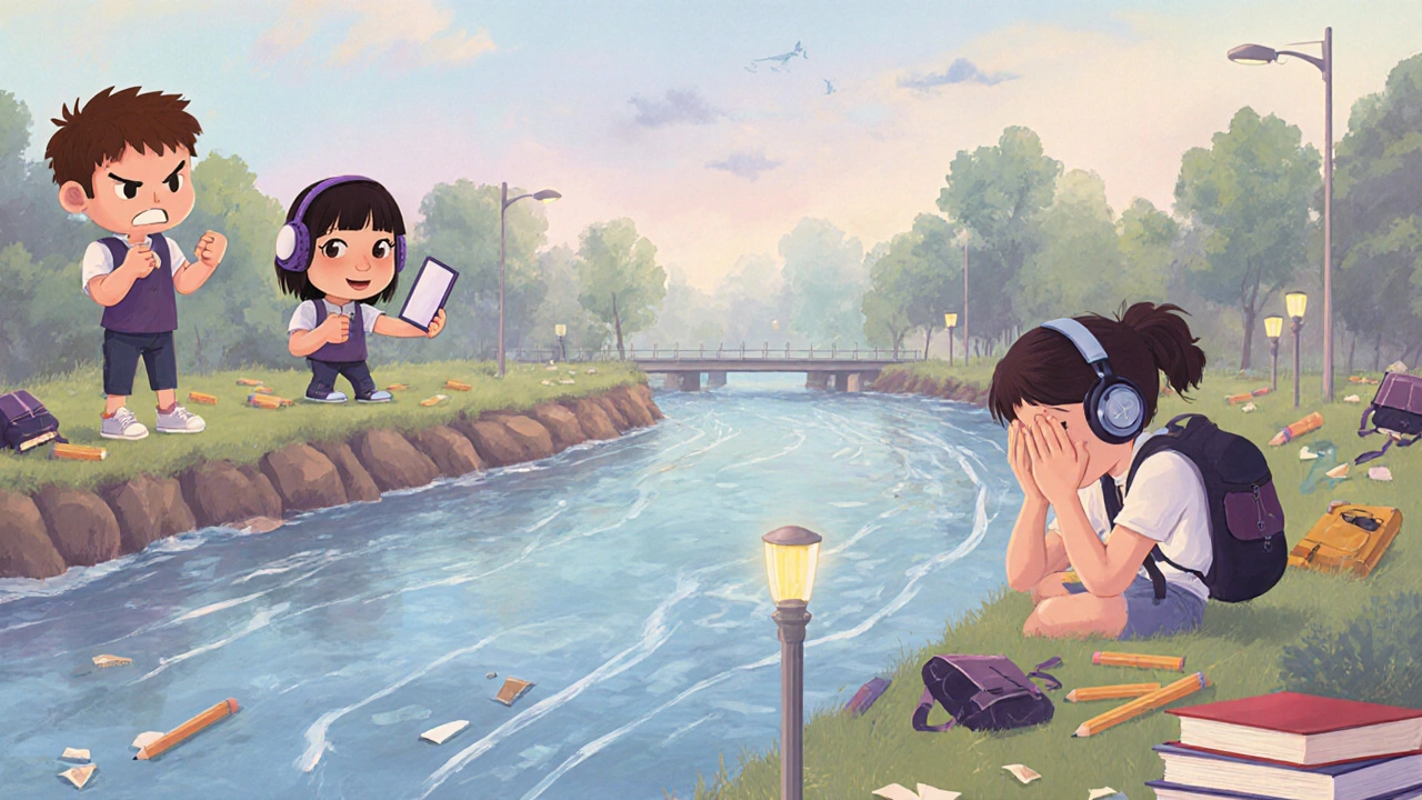 Три подростка разных возрастов у реки, отражающие признаки кризиса.