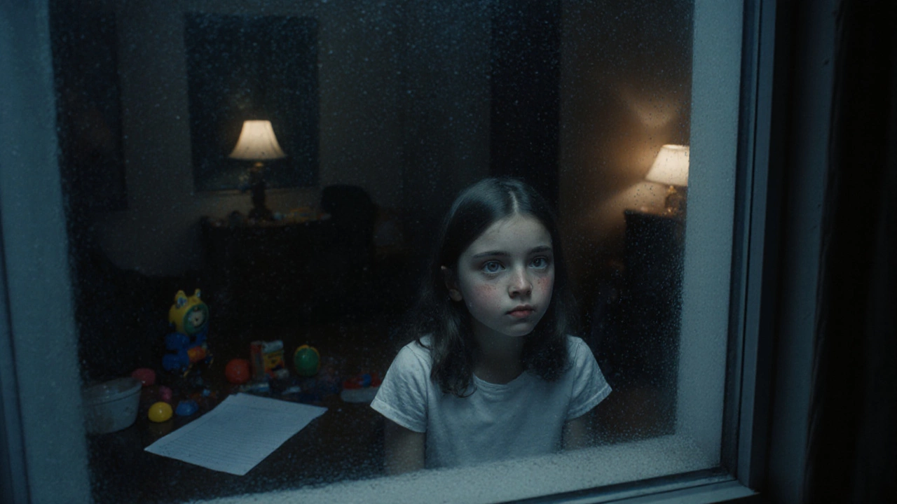 Девочка смотрит в окно с заплаканным лицом, за окном дождь, в комнате разбросаны игрушки.