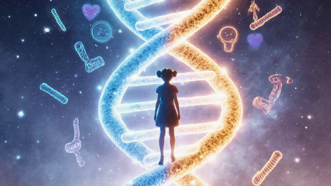 Девочка в центре двойной спирали ДНК, где гены матери и отца визуализированы разными цветами.
