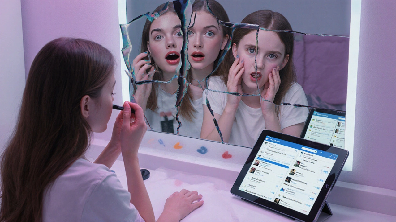 Девушка смотрит в зеркало, его отражение раздвоено, вокруг — уведомления в соцсетях.