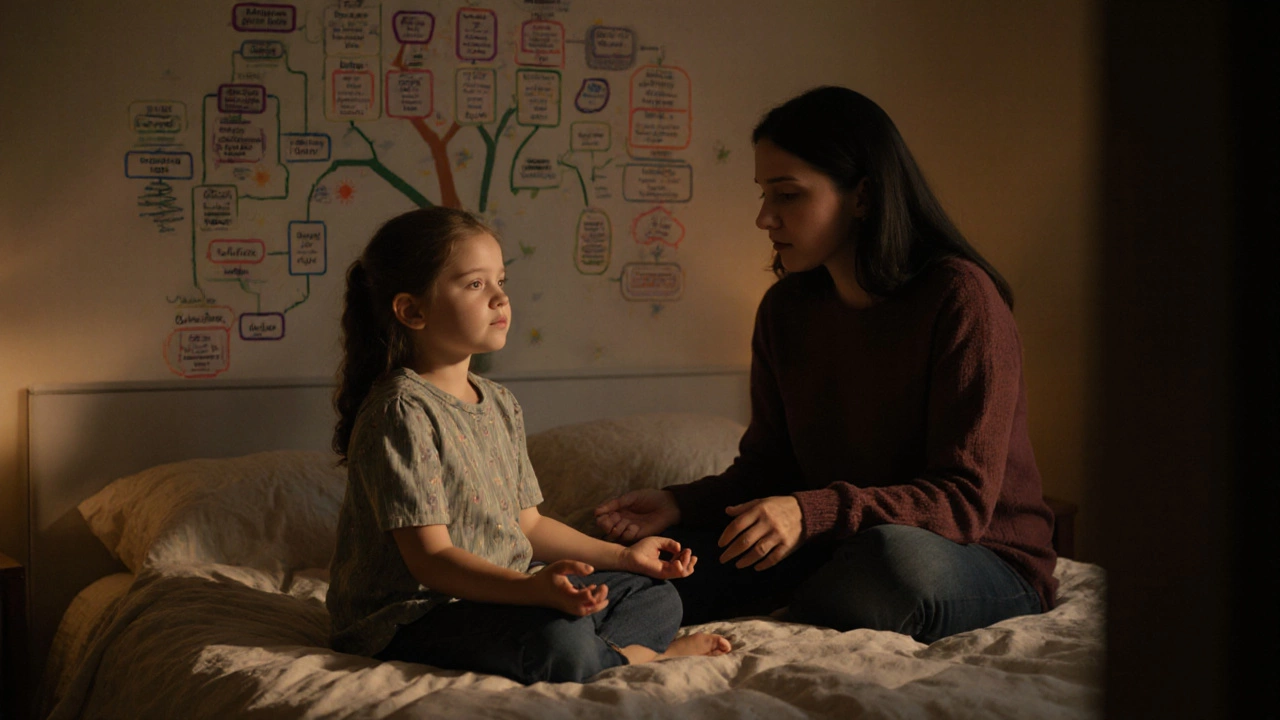 Дочь медитирует с матерью, рядом — семейное древо с выделенными генетическими чертами.