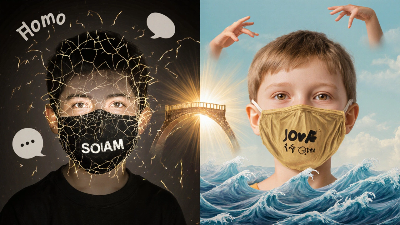 Двойной образ: ребёнок в двух масках — одна треснутая и тусклая, другая светлая и гладкая.