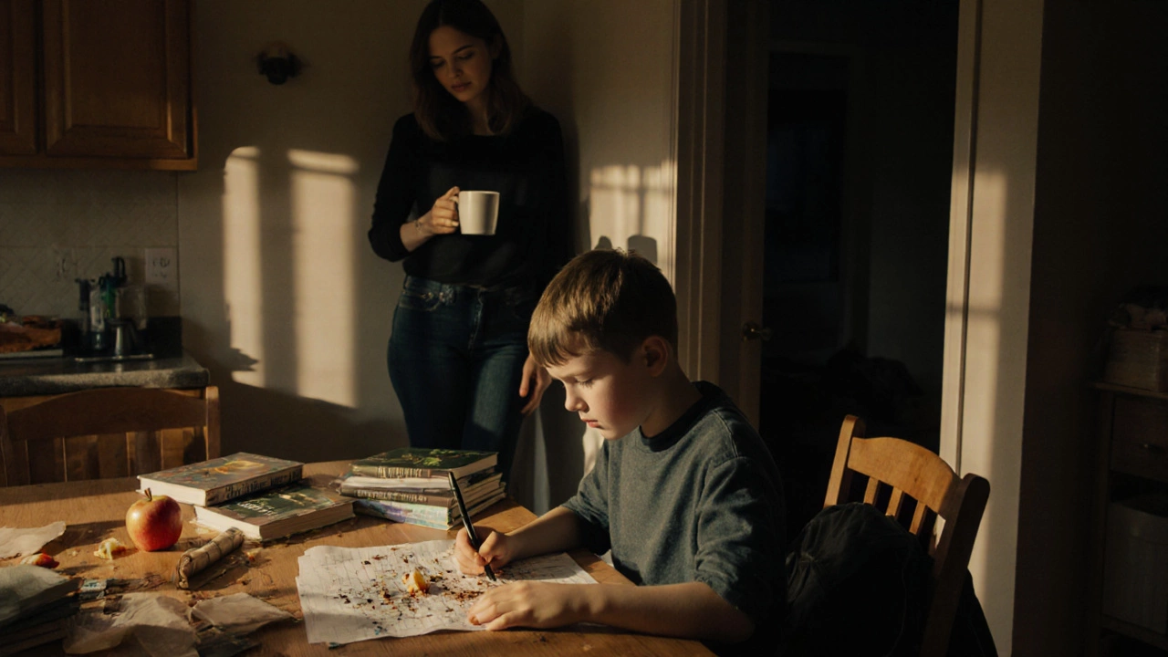 Мальчик смотрит на домашку, мама не вмешивается, стоит в дверях.