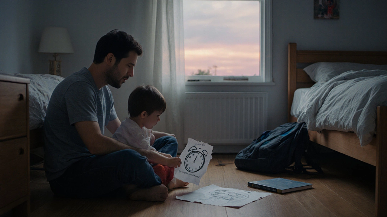 Отец и ребёнок вместе исправляют расписание, на полу лежит забытый учебник.