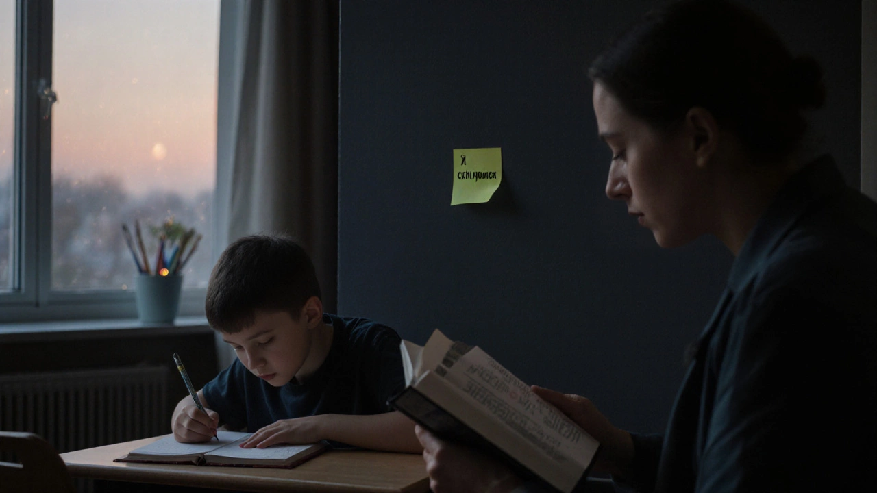 Подросток учится за столом, родитель рядом читает — тихая атмосфера дисциплины и доверия.
