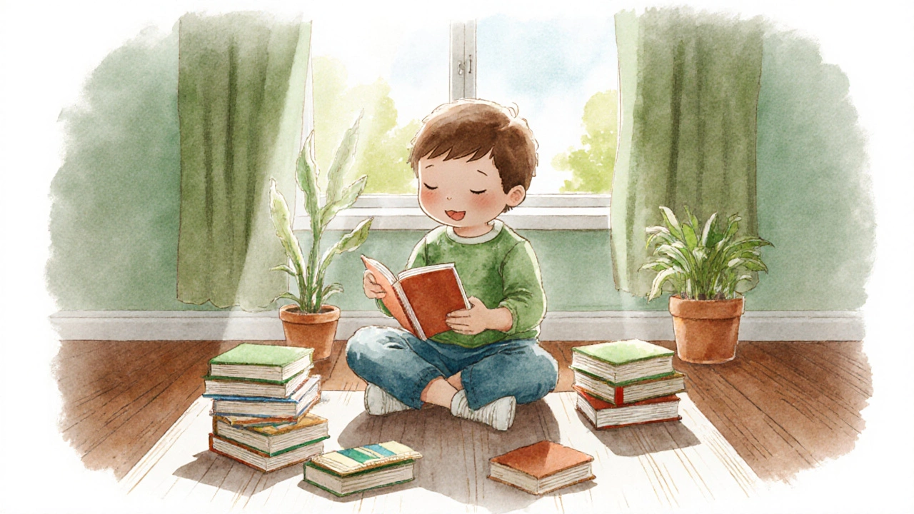 Ребёнок аккуратно расставляет книги по цветам в лучах солнца, улыбается самому себе.