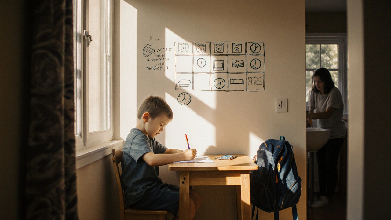 Ребёнок делает уроки перед ужином, рядом — чистый рюкзак и расписание с рисунками.