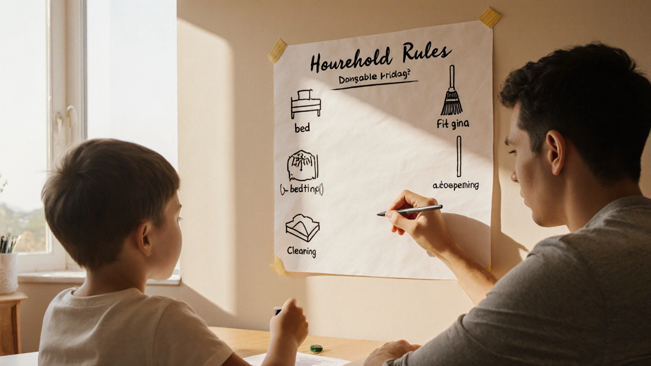 Ребёнок и родитель вместе рисуют значки для правил на бумаге, прикреплённой к стене.