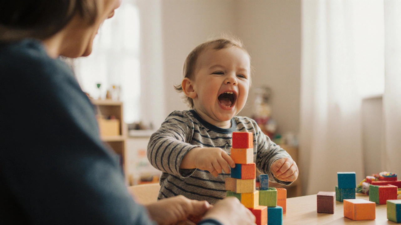 Ребёнок смеётся, играя с родителем дома, вокруг разбросаны игрушки, тёплый свет из окна.