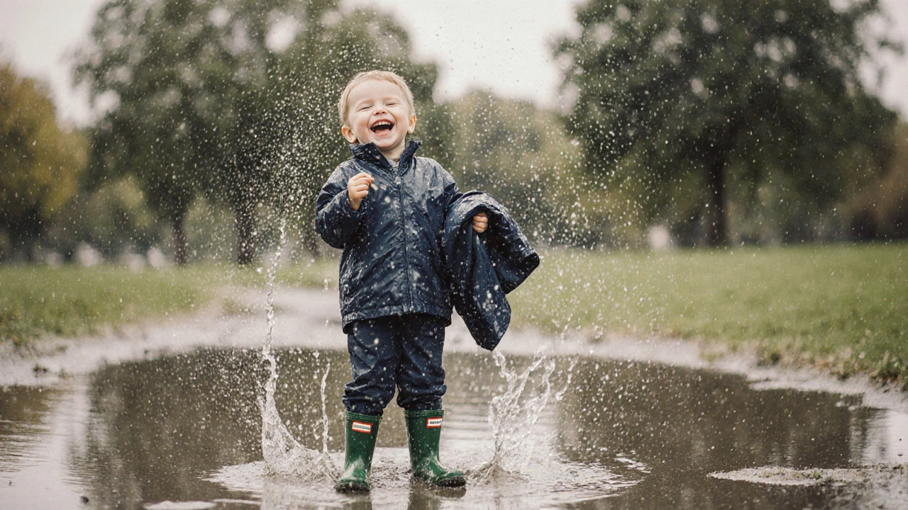 Ребёнок смеётся под дождём в резиновых сапогах, одежду держит в руке.