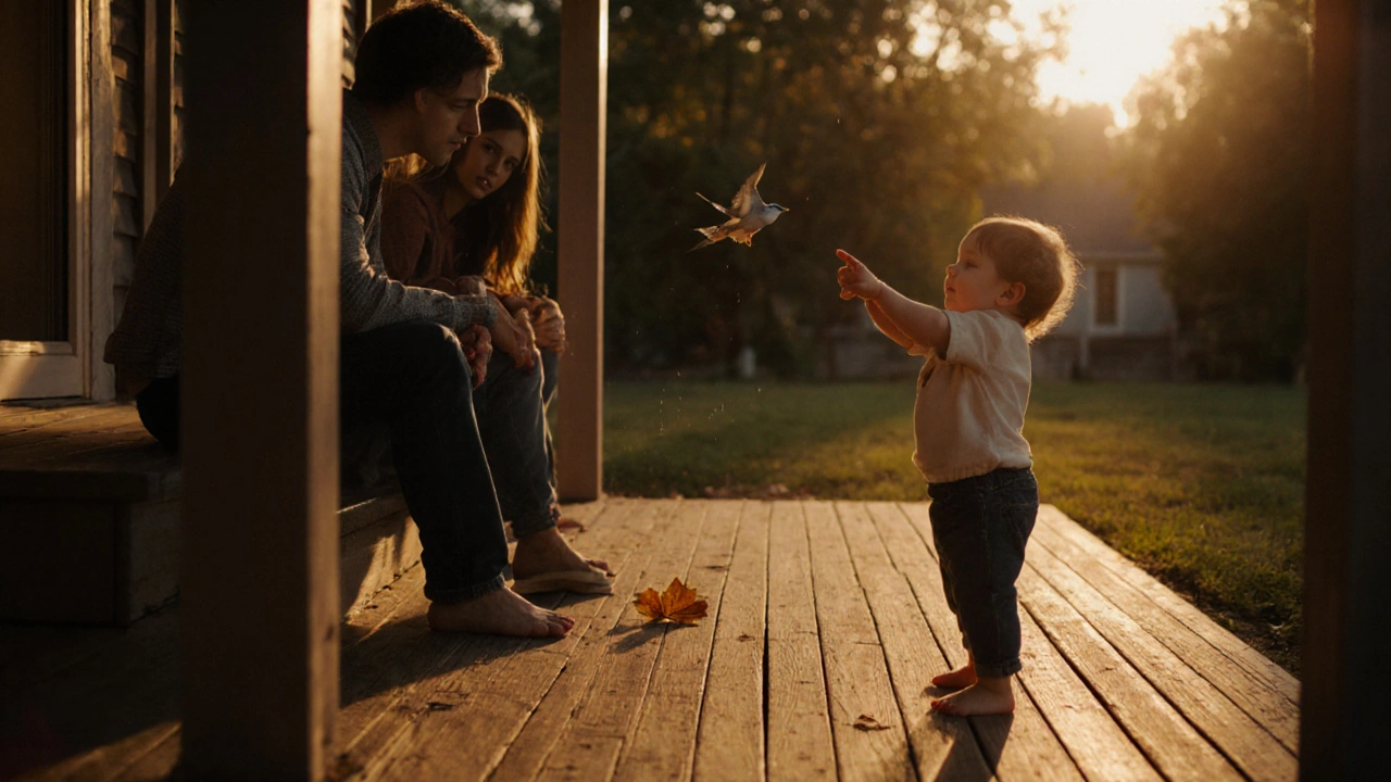 Ребенок указывает на птицу на закате, родители спокойно сидят позади.