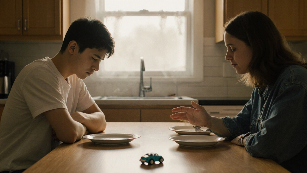 Родитель и подросток сидят за кухонным столом в молчании, между ними — детская игрушка.