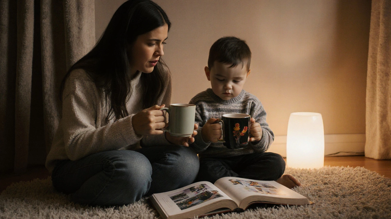 Родитель и ребёнок сидят вместе на полу, держат кружки, между ними открытая книга — момент спокойной связи.