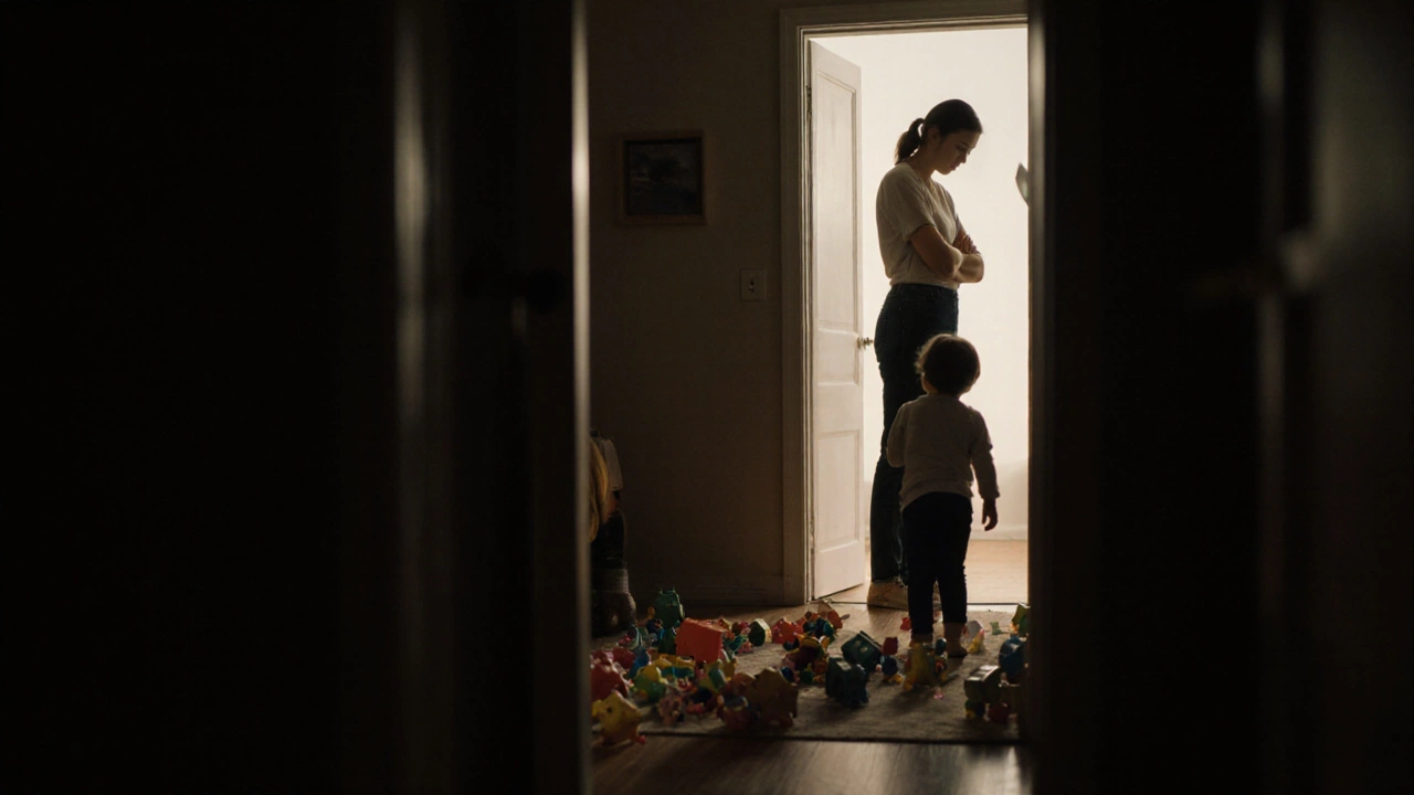 Родитель спокойно смотрит, пока ребёнок решает, убирать игрушки или нет — без криков, без наказаний.