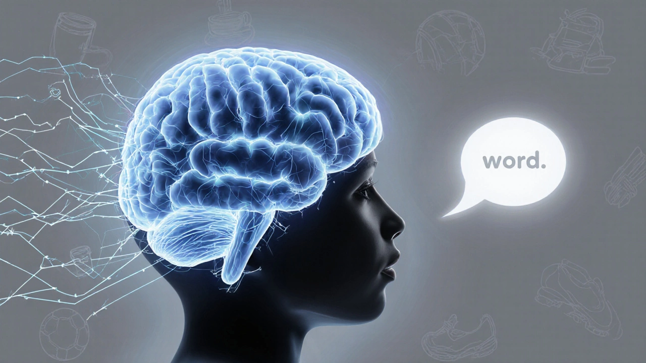 Схема детского мозга с развивающимися нейронными связями и мягким световым пузырьком речи.