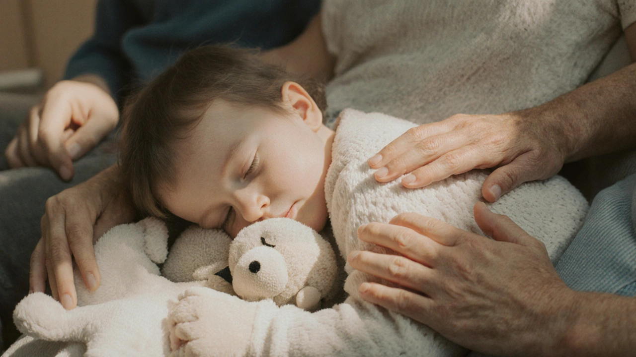 Спящий ребёнок на коленях, три руки мягко касаются его спины.