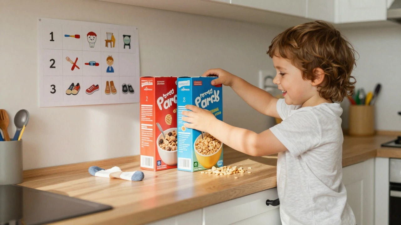 Четырёхлетний ребёнок выбирает завтрак между двумя коробками, на стене — визуальное расписание дел.