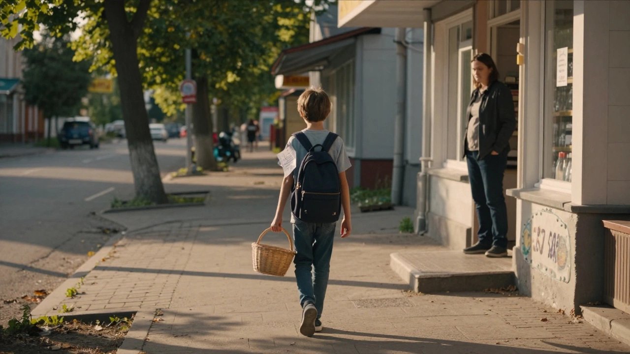 Двенадцатилетний ребёнок идёт в магазин с корзиной и списком, родитель смотрит из окна.