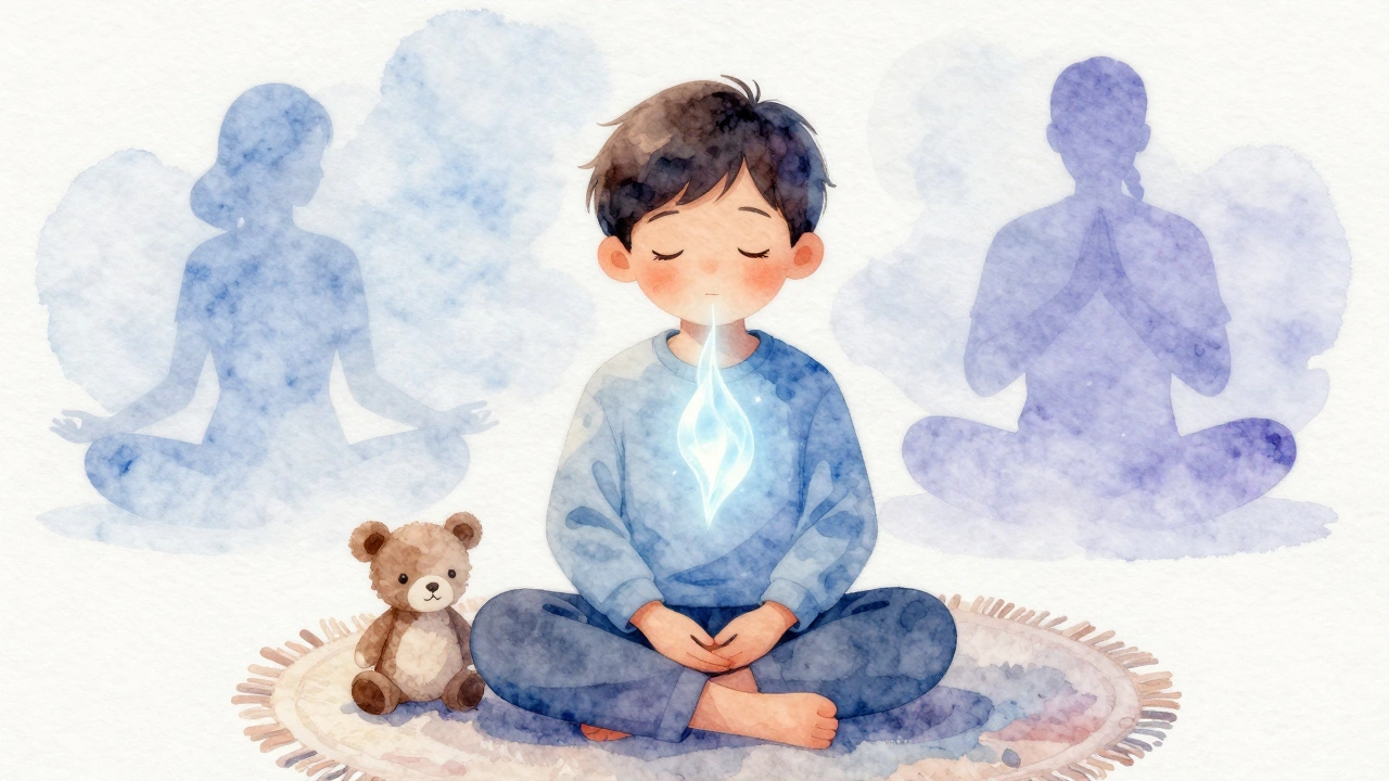 Пятилетний ребёнок дышит, в воздухе видна форма дыхания, рядом игрушка, спокойные тона.