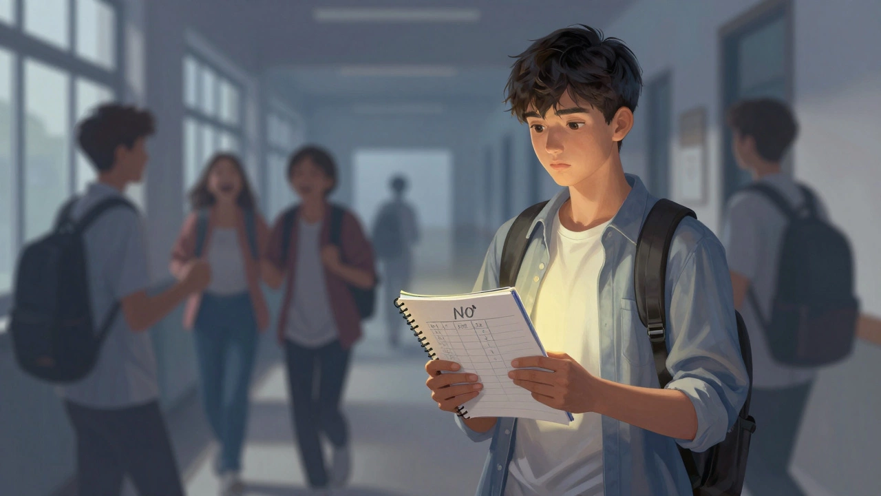 Подросток спокойно отказывается от вечеринки, держа в руках расписание учёбы.