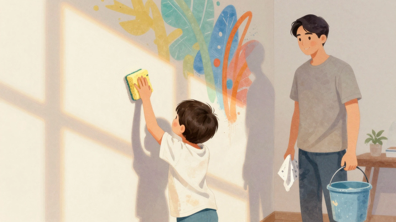 Ребёнок помогает убирать краску со стены, родитель рядом с ведром и тряпкой.