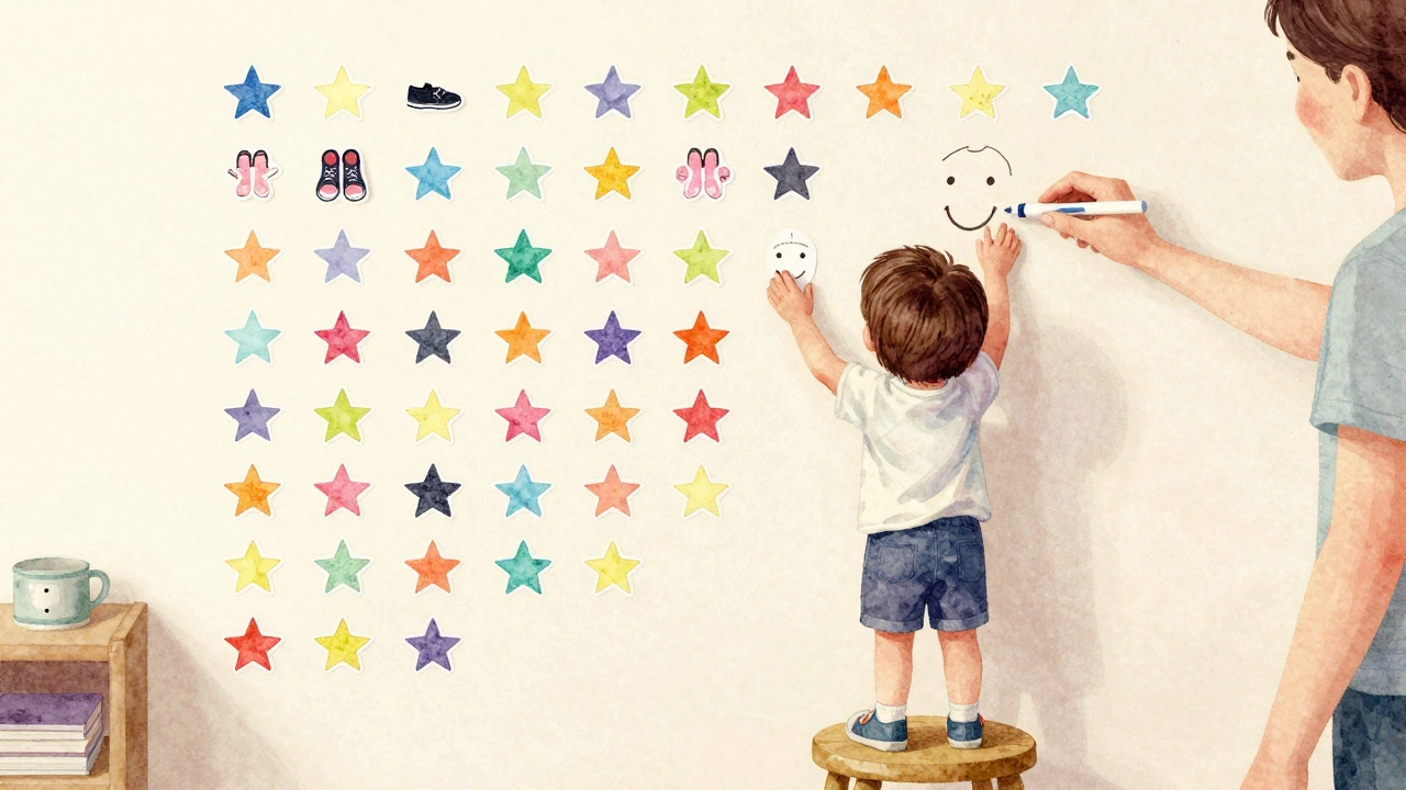 Ребёнок прикрепляет наклейку к таблице успехов на стене, украшенной рисунками и звёздочками.