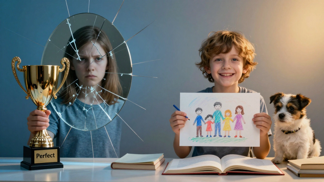 Ребёнок с зеркалом, отражающим строгое лицо взрослого, и рисунком семьи — контраст условной и безусловной любви.