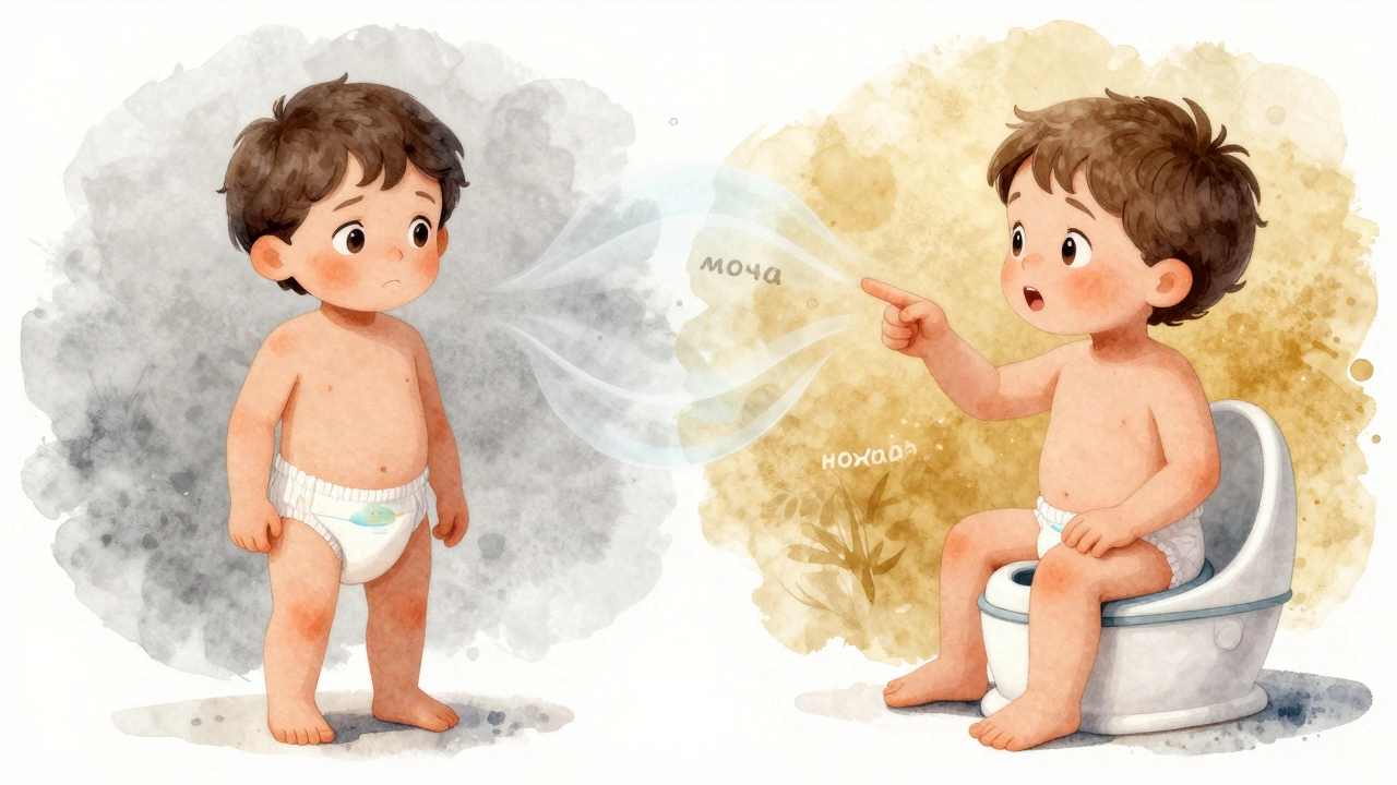 Ребёнок слева в подгузнике — без слов, справа на горшке — говорит: 'моча'.