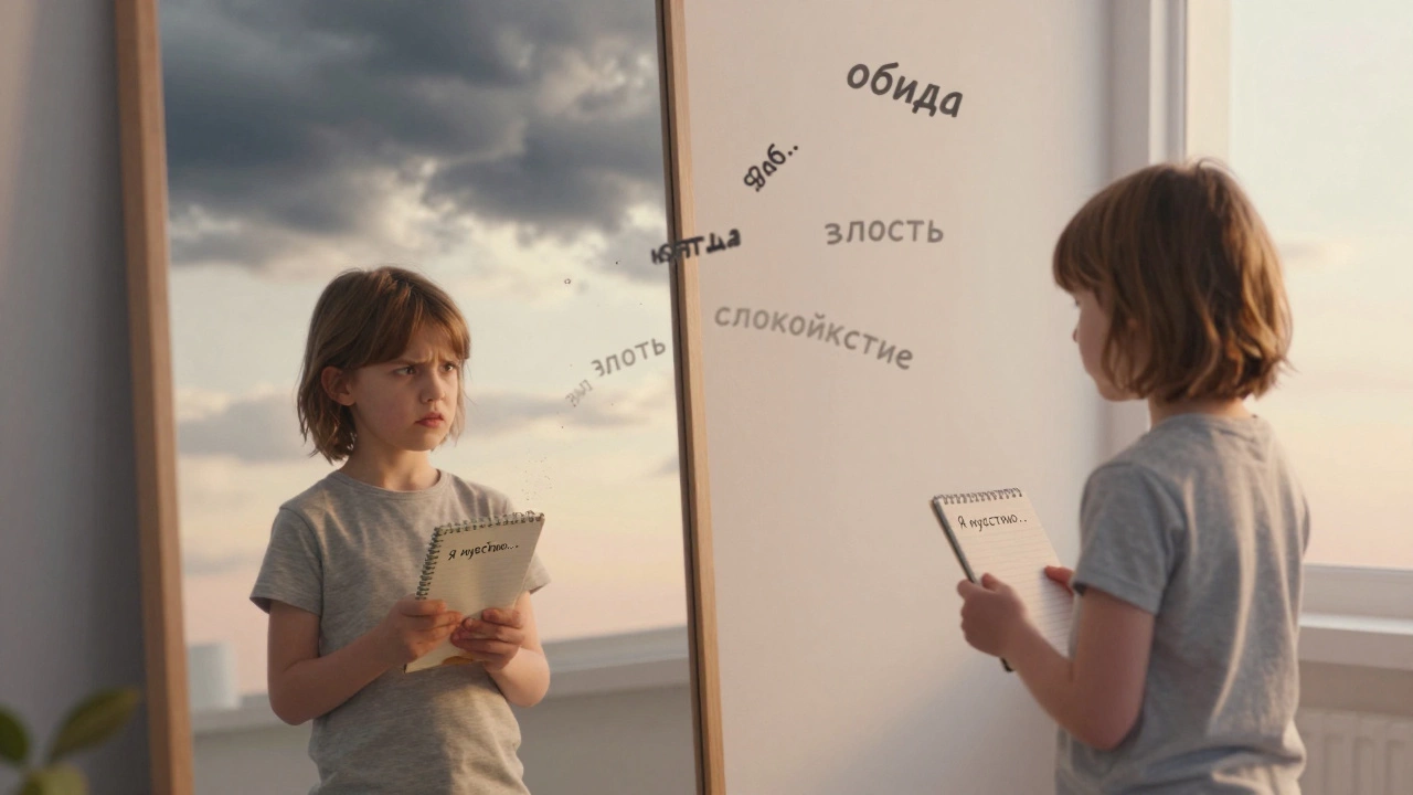Ребёнок смотрит в зеркало, где отражаются две версии себя — злой и спокойный, с текстами эмоций.