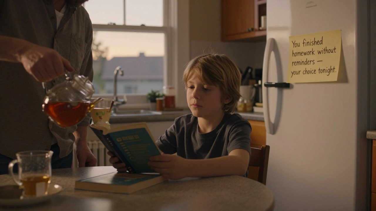 Ребёнок выбирает книгу для чтения перед сном, родитель готовит чай — тихий момент доверия.