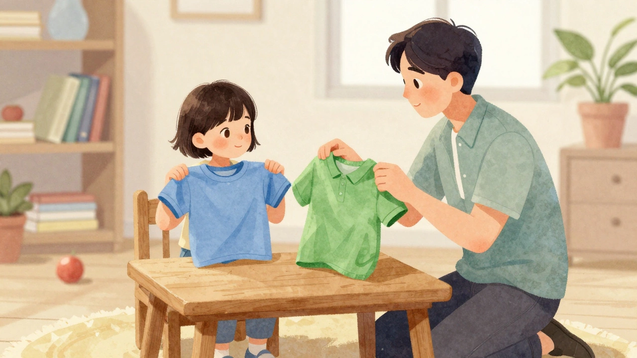 Ребёнок выбирает между синей и зелёной рубашкой, родитель рядом с тихой поддержкой.