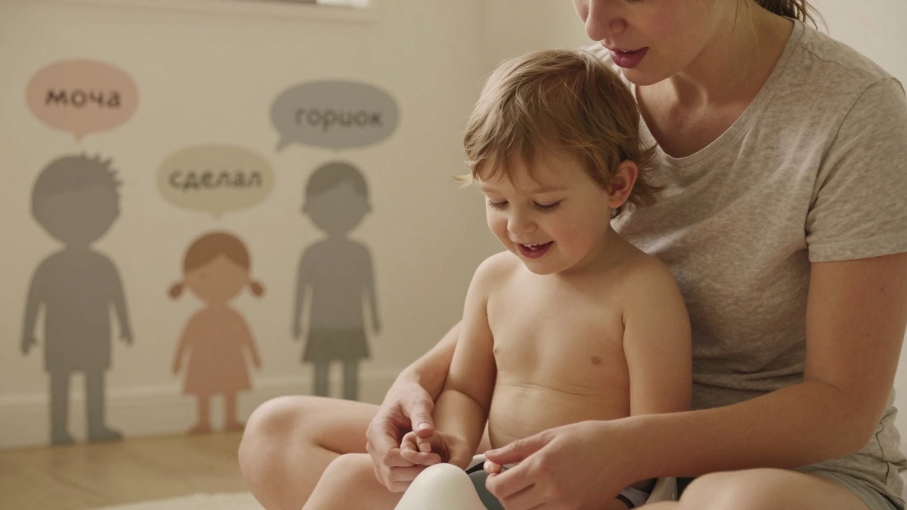 Родитель и ребёнок сидят вместе, улыбаются, рядом горшок и слова речи.