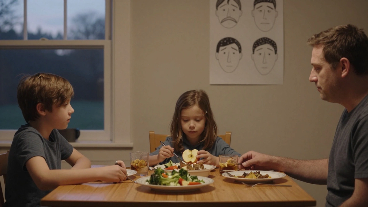 Семья за ужином, ребёнок говорит о чувствах, родители внимательно слушают.