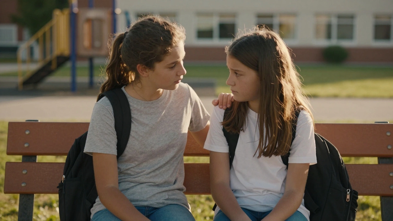 Девочка сидит рядом с расстроенным одноклассником, оказывая тихую поддержку.