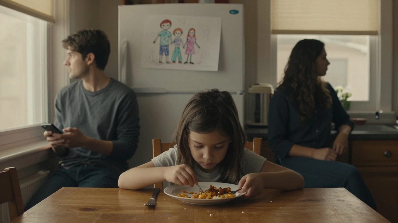 Девочка сидит за столом в тишине, родители молчат, один смотрит в телефон.