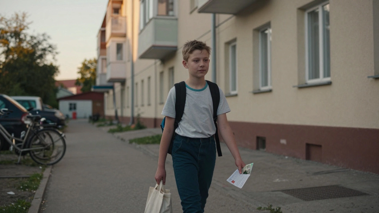 Двенадцатилетний ребёнок идёт в магазин один с сумкой и списком покупок.