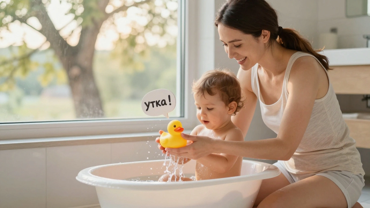 Мать играет с ребенком в ванне, показывая утку, вода брызжет, экранов нет.