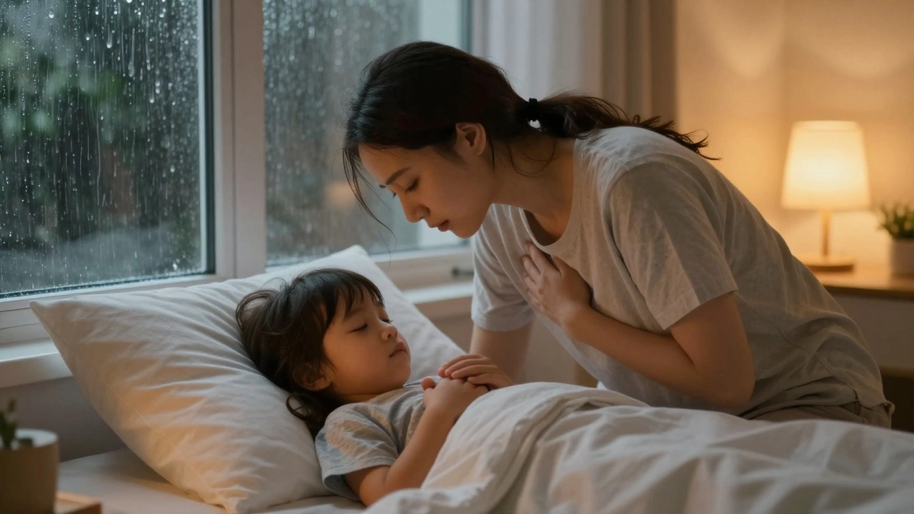 Один родитель держит руку ребёнка ночью, тёплый свет, спокойная атмосфера.