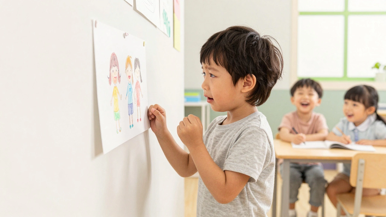 Пятилетний ребёнок смотрит на чужой рисунок с грустным выражением лица.