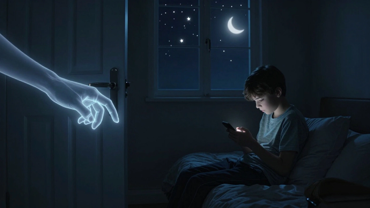 Подросток в темной комнате с телефоном, за дверью — прозрачная рука родителя.
